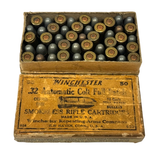 Collectible 47rds. of Winchester .32 AUTO COLT 74gr. Full Patch WRA Co. Orange Label Box Ammo
