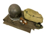 WWII M1 Front Seam Swivel Bale Helmet, multi-utensils, Wool blanket, and Gas mask bag
