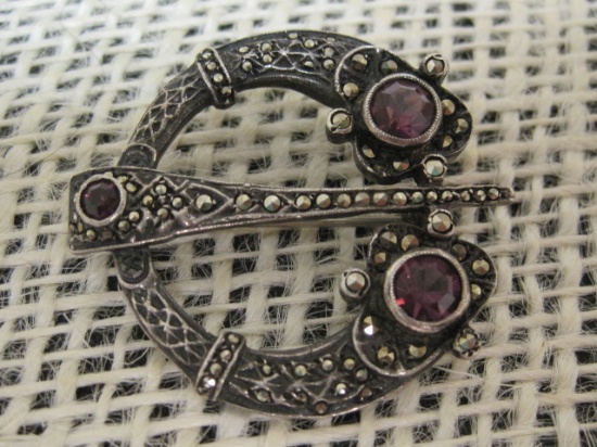 Sterling Silver and Marcasite Celtic Irish Pin with purple stones