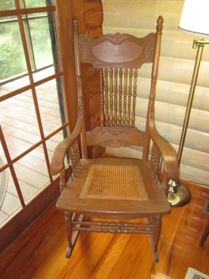 Antique Victorian Gingerbread Oak Rocker with Caned Seat