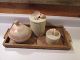Fitz and Floyd 3 Piece Shell Vanity Box Set with Rustic Wood Tray
