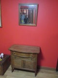Antique Tiger Oak Dry Sink Cabinet and Framed Beveled Mirror