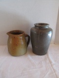Vintage Stoneware Brown Speckled Glazed Pitcher with Applied Handle and