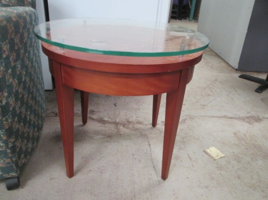 Round Wood Side Table with Raised Glass Top