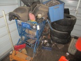 Parts Corner Lot- Floor Jack, 4 Tires, Hubcaps, Motorcycle Parts, etc..