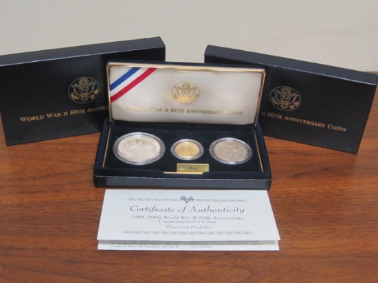 WWII 50th Anniversary 3 Coin Proof Set in Box - 1 Gold Coin