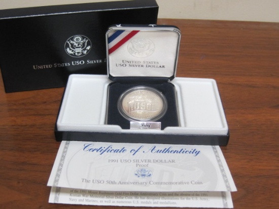 US USO Silver Proof Dollar in box with COA