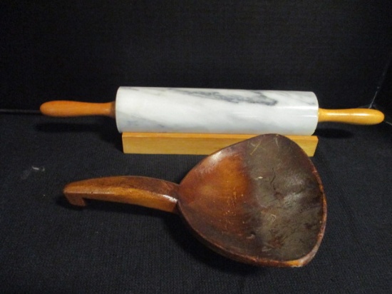 Marble Rolling Pin with Stand and Rustic Wood Scoop