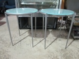 Pair of Round Silver Tone Metal Frame Tables with Frosted Glass Tops