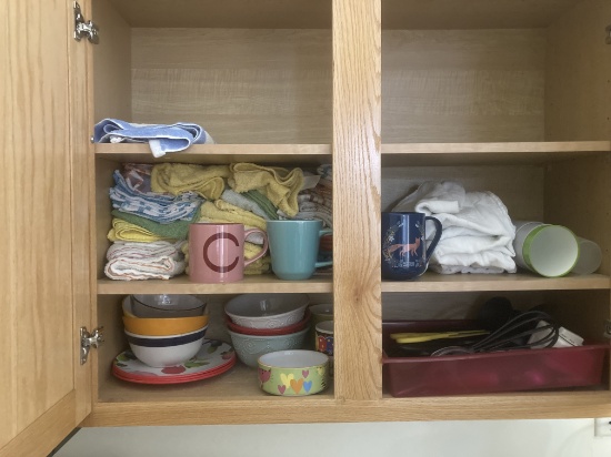 Contents of Wall Cabinet-Kitchen Towels, Mugs, Bowls, Plastic Cups, etc.