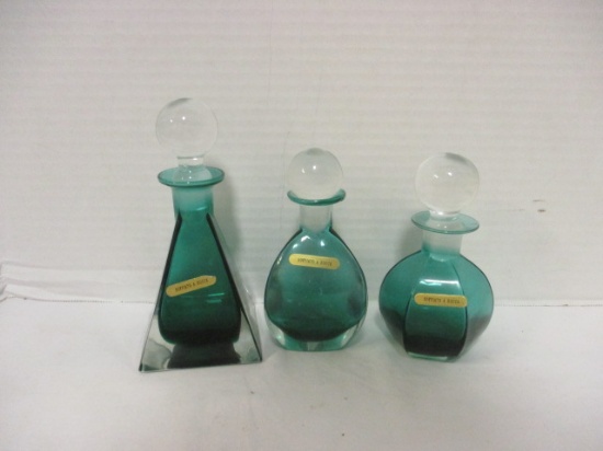 Three Soffiato A Bocca Green Art Glass Stoppered Bottles