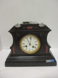 Antique Black Slate Mantle Clock w/ Marble Inlay