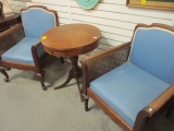 2 Vintage Regency Upholstered Wood & Cane Arm Chairs