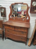 Victorian Oak Bow Front Vanity w/ Beveled Stand Mirror