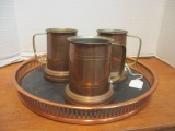 Midcentury Copper Serving Tray and Three Tankards