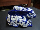 Blue and White Ceramic Bunny Sculpture