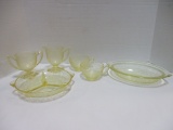 Vintage Yellow Depression Glass Bowl, Divided Plate, Cups, Sugar, and Creamer