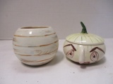 Vintage Lovely Ceramic Folk Art Onions Covered Dish and Bowl