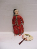 Vintage Chinese Porcelain Doll and Handpainted Paper Fan