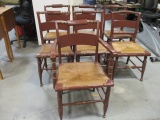 7 Hitchcock Style Painted Wood Chairs with rush seats