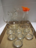 Glass Pitcher, 7 Clear Juice Glasses, and Plastic Juice Container