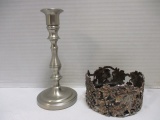 Baldwin Brushed Pewter Candlestick and Silverplate and Stone Candle Holder