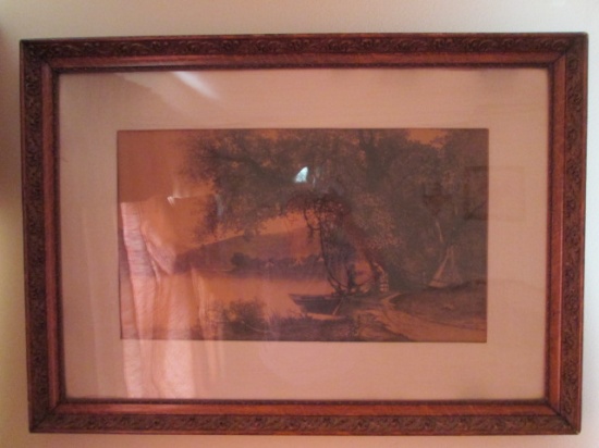 Framed and Matted Vintage "Victorian Couple with Row Boat" Lithograph of Etching