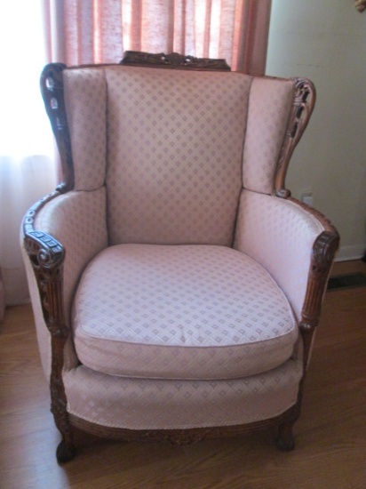 Antique Custom Covered Intricately Carved Wing Back Chair