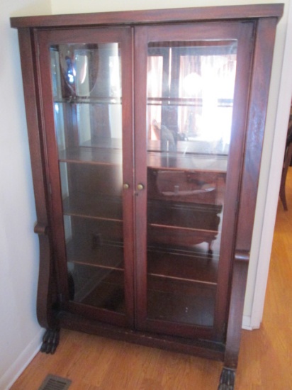 Antique Mahogany Empire Double Glass Door Curio with Claw Feet