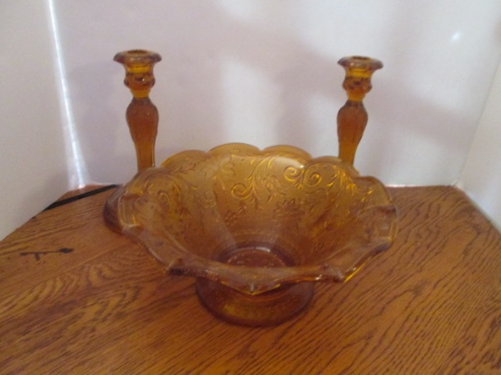 Midcentury Amber Sandwich Glass Footed Centerpiece Bowl and Pair of Candlesticks