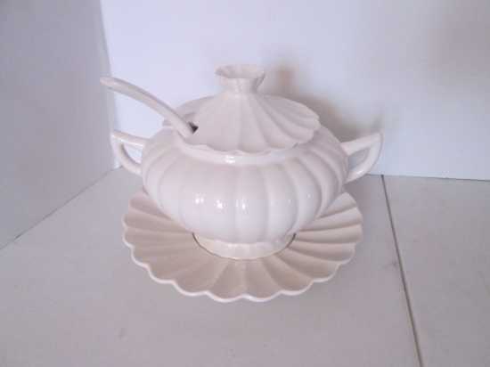 Vintage OUSA Glazed White Ceramic Tureen with Ladle and Underplate