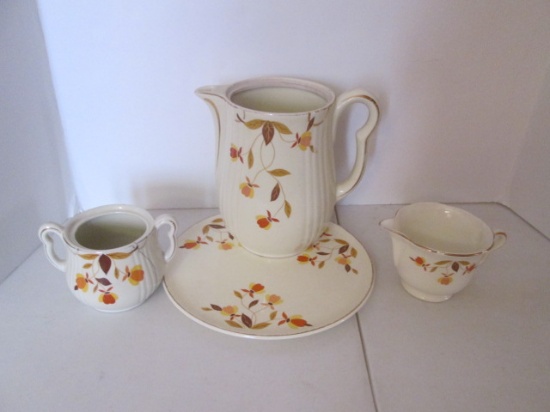 Vintage Hall's Superior Jewel Tea "Autumn Leaf" Coffee Pot, Creamer, Sugar Bowl and Trivet