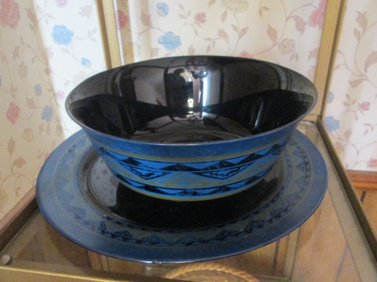 Arcoroc France "Yucatan Aztec" Blue Bowl and Plate