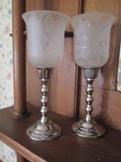 Pair of Silver Tone Metal Candle Holders with Frosted Glass Shades