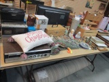 Table Lot - Artwork, Figurines, Shag Area Rug, Panasonic Radio, Dolls,