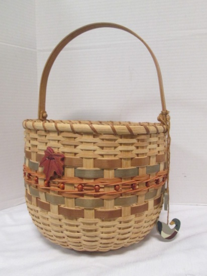 Signed and Dated Hand Woven Split Ash Beaded Basket by Charlotte