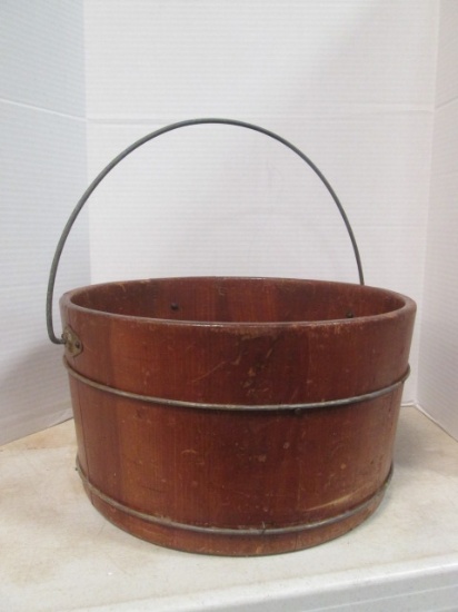 Old Wire Banded Wood Slat Bucket with Metal Handle
