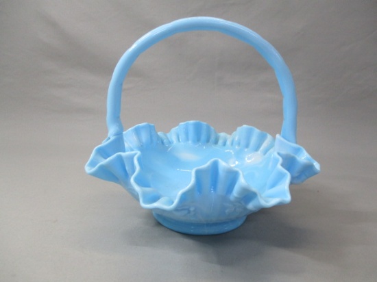Fenton Cabbage Rose Blue Marble Slag Glass Ruffled Edge Glass Basket 8"w X 8 1/2"h