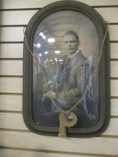 Antique Portrait Photo in Convex Wood Frame with Tassel Rope Hanger