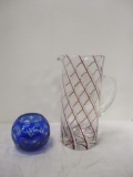 Retro Art Glass Candy Cane Pitcher and Bohemian Blue to Clear Glass