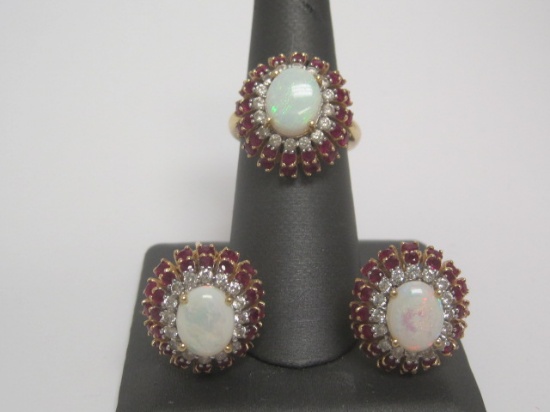 14k Gold Opal and Ruby Ring and Earring Set