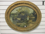 Vintage Painted Gold Oval Framed Farm Scene Lithograph