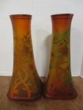 PR of Resin Cameo Glass Style Vases w/ Metallic Florals