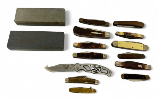 Lot of 13 Pocket Knives & 2 Honing Stones