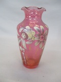 Vintage Rainbow Glass Cranberry Pink Hand Painted Vase w/Ruffled Rim 6
