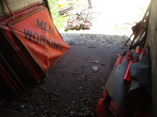Large Lot of Construction Vinyl Road Signs and Pallet of Stands