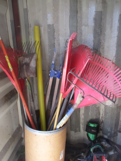 Barrel of Hand Tools- Rakes, Post Hole Diggers, Pitch Forks and more..
