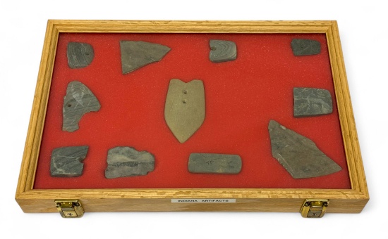 11pc. Curated Ancient Native American Stone Indiana Artifacts Cased Display