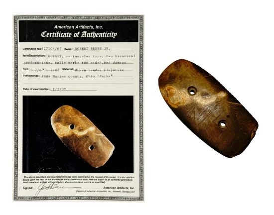 Marion Co., Ohio Rectangular Brown-Banded Claystone Gorget with COA