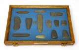 14pc. Curated Ancient Native American Hardstone Artifacts Cased Display
